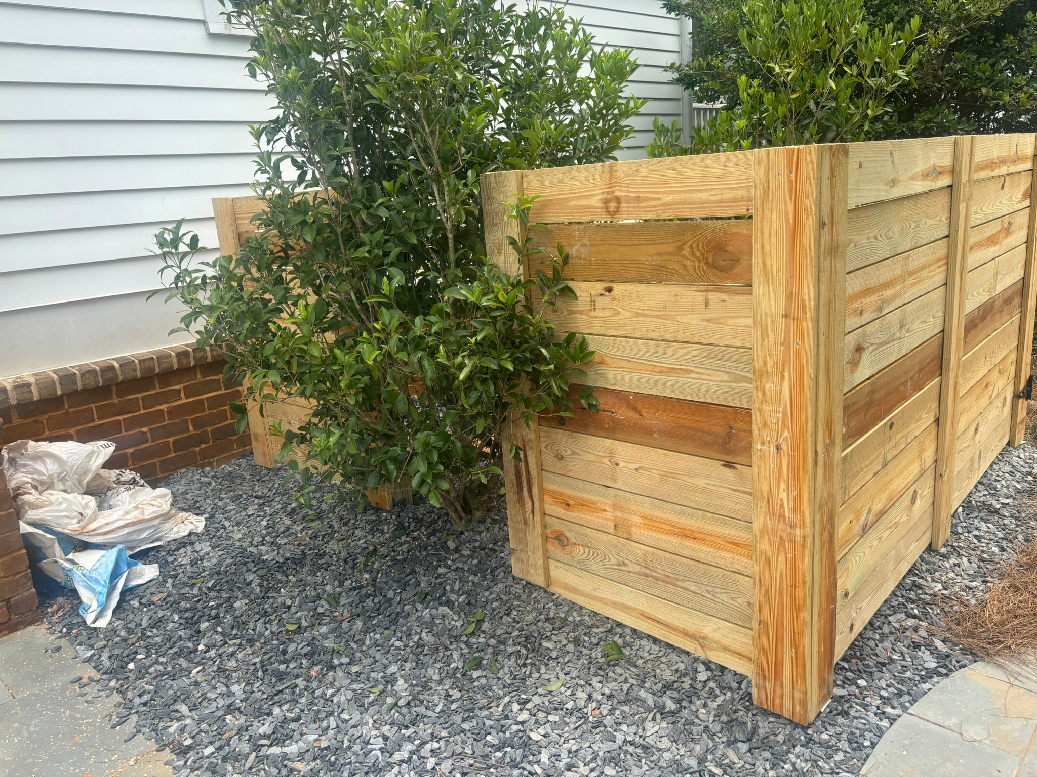 Wooden fence with climbing plants in backyard