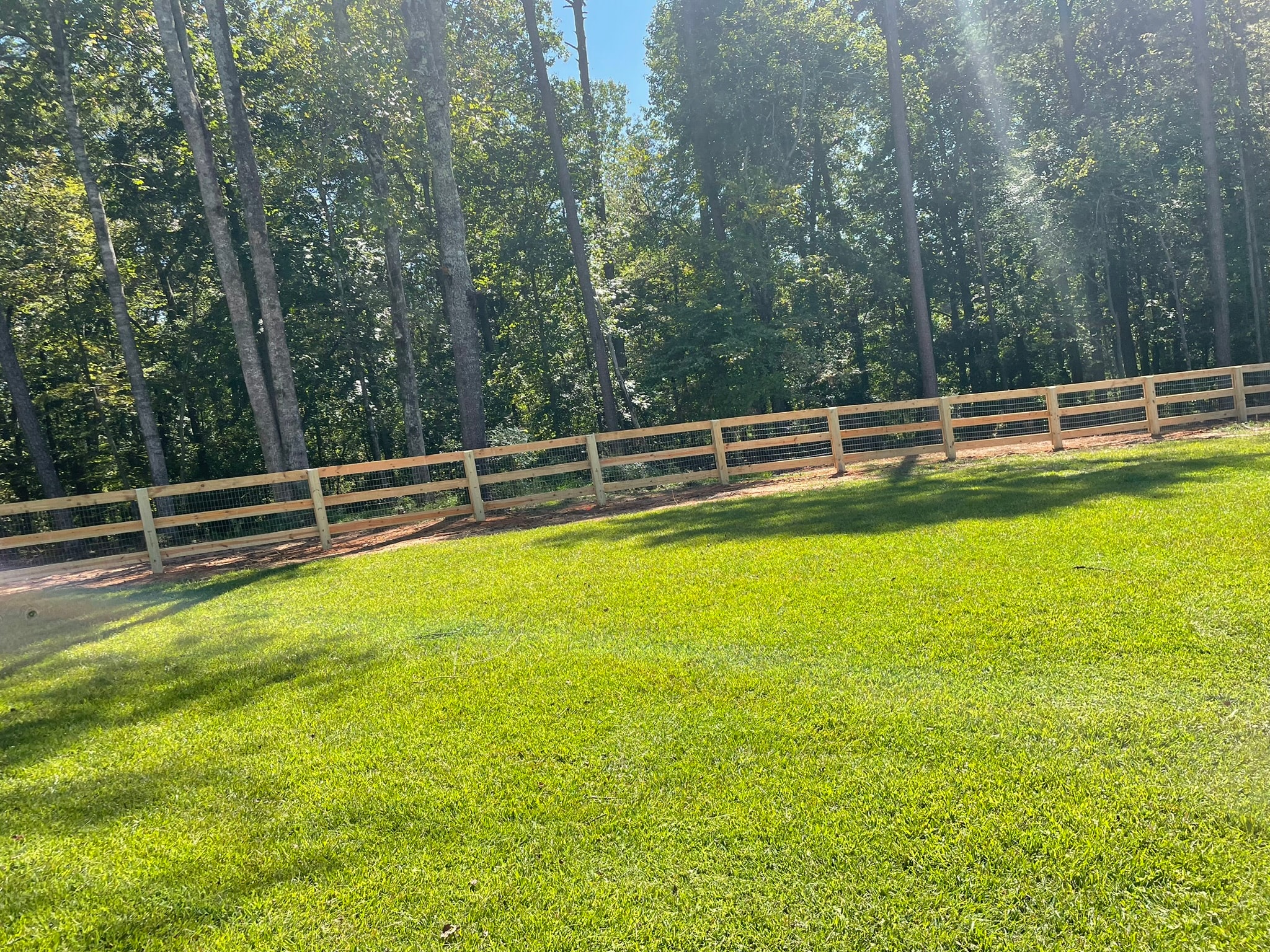 Wooden fence bordering grassy pasture