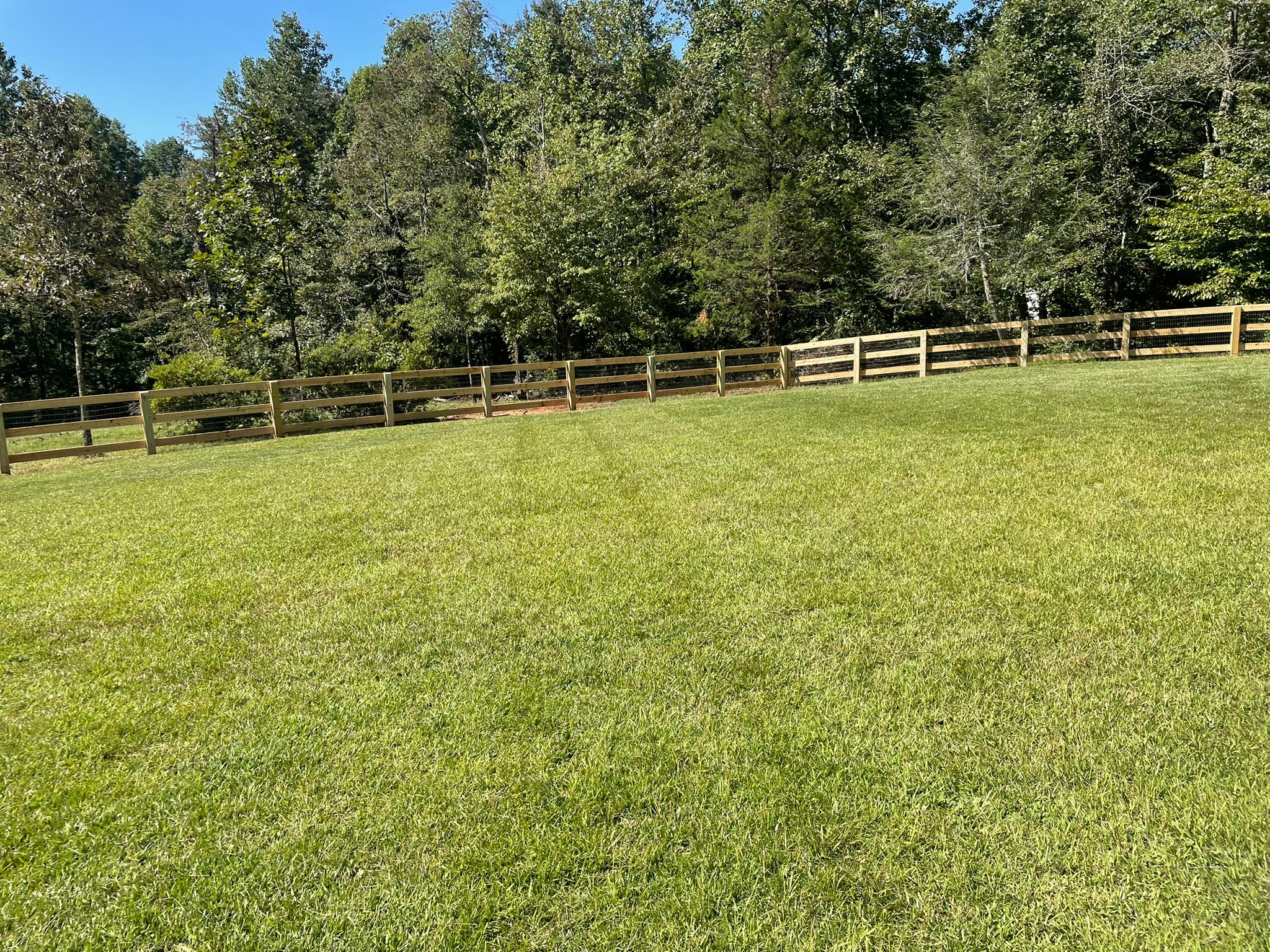 Pastoral field with wooden fence and trees
